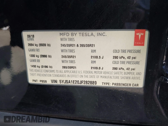 2018 Tesla Model S 75D with VIN 5YJSA1E20JF282889, listed as a IAAI auction lot 41823505 with 110,049 mi miles and . Bid and sale history available at DreamBid. Image 9.