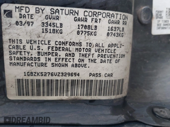 1997 Saturn SL with VIN 1G8ZK5276VZ329694, listed as a IAAI auction lot 41792109 with 208,002 mi miles and . Bid and sale history available at DreamBid. Image 9.