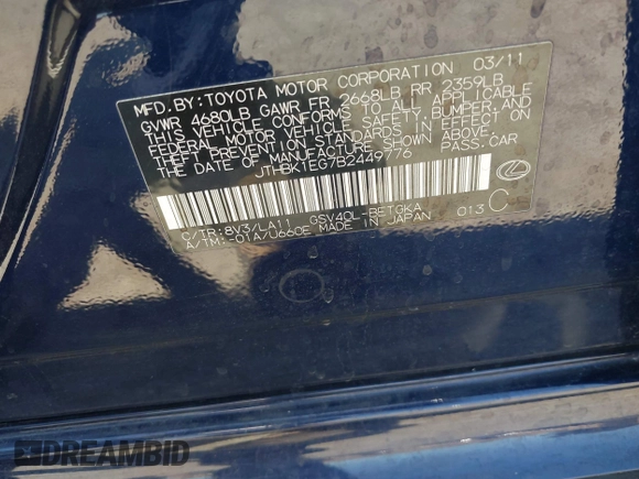 2011 Lexus ES 330 with VIN JTHBK1EG7B2449776, listed as a IAAI auction lot 42386792 with 105,056 mi miles and . Bid and sale history available at DreamBid. Image 9.
