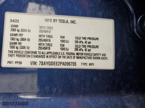 2023 Tesla Model Y Long Range with VIN 7SAYGDEE2PA096705, listed as a Copart auction lot 47790545 with 9,195 mi miles and Salvage Title. Bid and sale history available at carsss.com. Image 13.