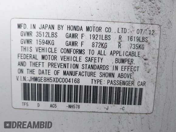 2013 Honda Fit Sport with VIN JHMGE8H5XDC004168, listed as a IAAI auction lot 42041306 with 107,459 mi miles. Bid and sale history available at carsss.com. Image 9.