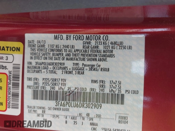 2013 Ford Fusion SE Hybrid with VIN 3FA6P0LU6DR302909, listed as a IAAI auction lot 42035803 with 186,050 mi miles. Bid and sale history available at carsss.com. Image 9.