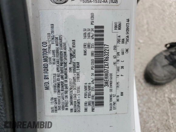 2007 Mercury Milan with VIN 3MEHM07ZX7R632217, listed as a Copart auction lot 61471995 with 155,133 mi miles and Salvage title. Bid and sale history available at DreamBid. Image 12.