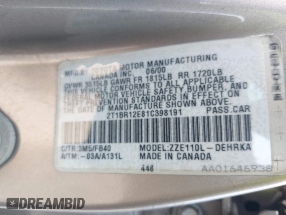 2001 Toyota Corolla CE with VIN 2T1BR12E81C398191, listed as a IAAI auction lot 42684914 with 176,667 mi miles and . Bid and sale history available at DreamBid. Image 9.