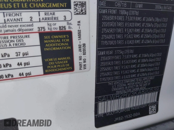 2019 Land Rover Range Rover Sport HSE with VIN SALWR2RV3KA820539, listed as a IAAI auction lot 42066022 with 67,806 mi miles and . Bid and sale history available at DreamBid. Image 9.