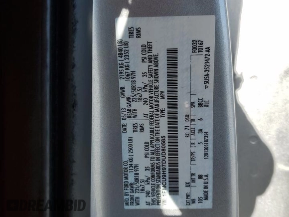 2013 Ford Escape SEL с VIN 1FMCU9H97DUD80585, выставлен на аукционе Copart как лот 60882115 с пробегом 171 254 миль миль и Чистый • Clean title. История ставок и продаж доступна на DreamBid. Изображение 13.
