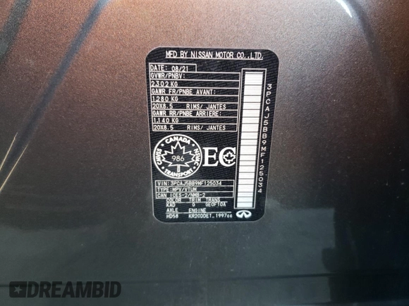 2021 Infiniti QX50 Luxe with VIN 3PCAJ5BB9MF125034, listed as a Copart auction lot 80587444 with 34,106 mi miles and Salvage Title. Bid and sale history available at DreamBid. Image 13.