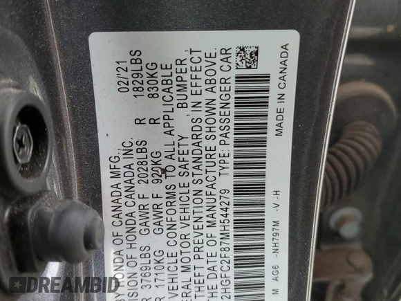 2021 Honda Civic Sport with VIN 2HGFC2F87MH544279, listed as a Copart auction lot 49745115 with 73,822 mi miles and Clean Title. Bid and sale history available at DreamBid. Image 12.
