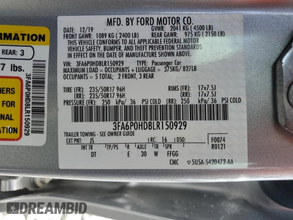 2020 Ford Fusion SE z VIN 3FA6P0HD8LR150929, wystawiony jako Copart lot #59086985 z przebiegiem 69 138 mil mil oraz Szkoda całkowita • Salvage title. Historia ofert i sprzedaży dostępna na DreamBid. Obrazek 13.