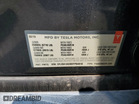2013 Tesla Model S with VIN 5YJSA1AG9DFP04910, listed as a Copart auction lot 60827335 with 97,022 mi miles and Salvage title. Bid and sale history available at DreamBid. Image 12.