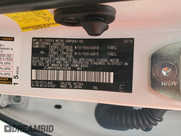 2017 Lexus GX 460 z VIN JTJBM7FX4H5162638, wystawiony jako Copart lot #55959905 z przebiegiem 147 601 mil mil oraz Szkoda całkowita • Salvage title. Historia ofert i sprzedaży dostępna na DreamBid. Obrazek 13.