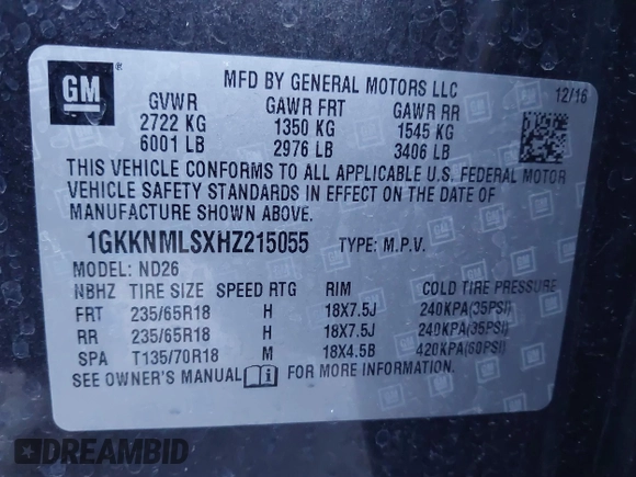 2017 GMC Acadia SLT with VIN 1GKKNMLSXHZ215055, listed as a IAAI auction lot 41391834 with 90,440 mi miles. Bid and sale history available at carsss.com. Image 9.