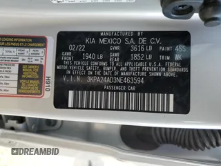 2022 Kia Rio LX with VIN 3KPA24AD3NE463594, listed as a Copart auction lot 48175795 with 22,446 mi miles and Salvage Title. Bid and sale history available at DreamBid. Image 14.