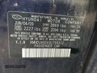 2009 Hyundai Elantra SE with VIN KMHDU46DX9U799312, listed as a Copart auction lot 59078665 with 96,630 mi miles and Salvage title. Bid and sale history available at DreamBid. Image 13.