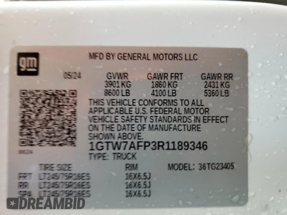 2024 GMC Savana Cargo Van with VIN 1GTW7AFP3R1189346, listed as a Copart auction lot 53143795 with 6,675 mi miles and Clean Title. Bid and sale history available at carsss.com. Image 14.