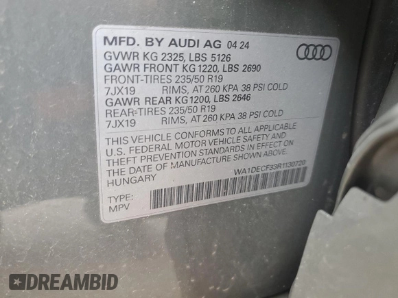 2024 Audi Q3 S line Premium with VIN WA1DECF33R1130720, listed as a Copart auction lot 59292025 with 15,949 mi miles and Salvage title. Bid and sale history available at DreamBid. Image 13.