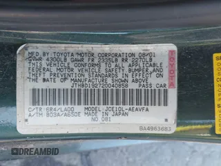2002 Lexus IS 300 with VIN JTHBD192720040858, listed as a IAAI auction lot 42142644 with 147,956 mi miles. Bid and sale history available at carsss.com. Image 9.