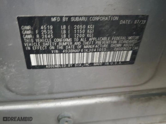 2019 Subaru Legacy Premium with VIN 4S3BNAF61K3041055, listed as a Copart auction lot 48906875 with 87470 miles and Salvage Title. Bid and sale history available at carsss.com. Image 13.