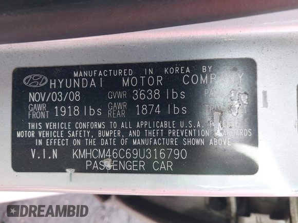 2009 Hyundai Accent Auto GLS with VIN KMHCM46C69U316790, listed as a IAAI auction lot 41883763 with 182,647 mi miles. Bid and sale history available at carsss.com. Image 9.