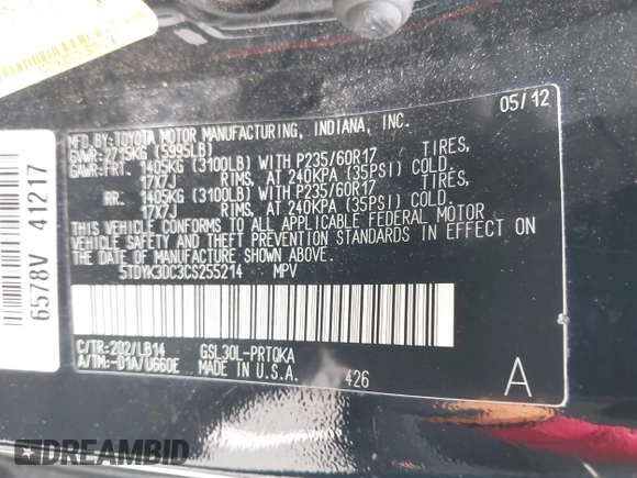 2012 Toyota Sienna XLE AAS with VIN 5TDYK3DC3CS255214, listed as a IAAI auction lot 42390803 with 113,425 mi miles and . Bid and sale history available at DreamBid. Image 9.