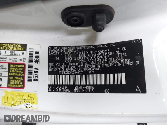 2014 Toyota Sienna XLE with VIN 5TDYK3DC6ES444121, listed as a IAAI auction lot 42110190 with 240,366 mi miles and . Bid and sale history available at DreamBid. Image 9.