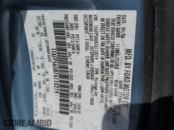 2007 Ford Taurus SEL with VIN 1FAFP56U87A110219, listed as a Copart auction lot 45662995 with Not Provided miles and Salvage Title. Bid and sale history available at DreamBid. Image 13.