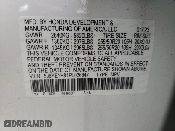 2023 Acura MDX Advance with VIN 5J8YE1H81PL026847, listed as a Copart auction lot 54119965 with 37,831 mi miles and Salvage title. Bid and sale history available at DreamBid. Image 13.