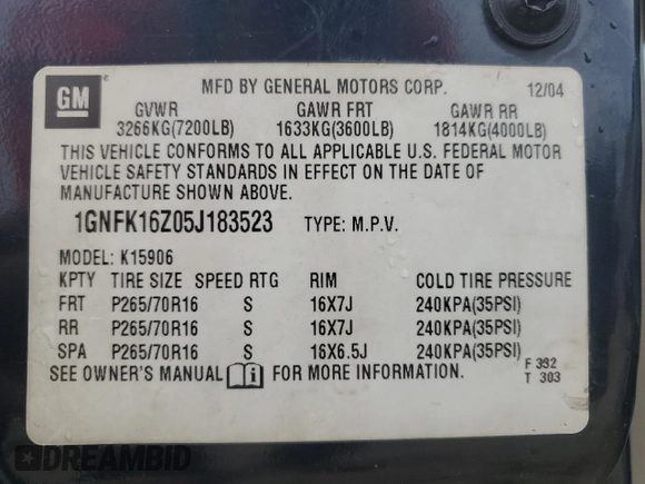 2005 Chevrolet Suburban LT with VIN 1GNFK16Z05J183523, listed as a Copart auction lot 58595325 with 248,732 mi miles and Salvage title. Bid and sale history available at DreamBid. Image 13.