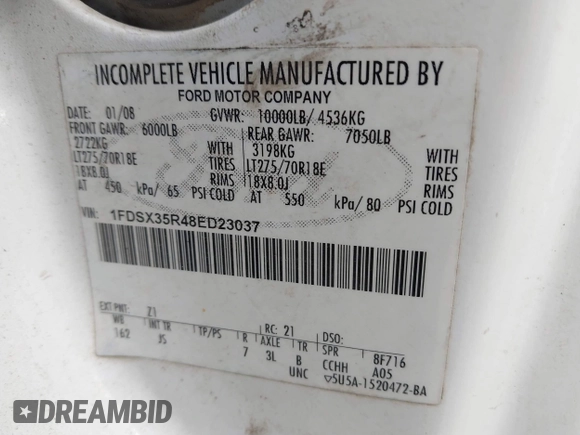 2008 Ford F-350 with VIN 1FDSX35R48ED23037, listed as a IAAI auction lot 41791016 with Not provided miles and . Bid and sale history available at DreamBid. Image 9.