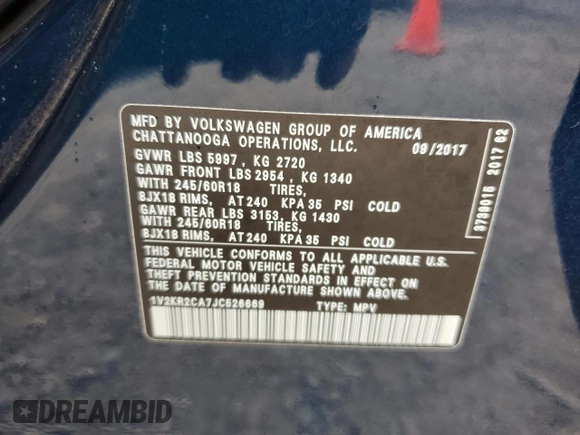 2018 Volkswagen Atlas SE z VIN 1V2KR2CA7JC526669, wystawiony jako Copart lot #57256865 z przebiegiem 86 523 mil mil oraz Szkoda całkowita • Salvage title. Historia ofert i sprzedaży dostępna na DreamBid. Obrazek 13.