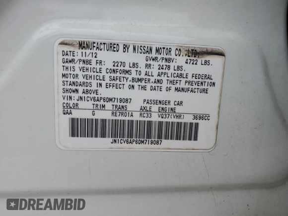 2013 Infiniti G37 Journey with VIN JN1CV6AP6DM719087, listed as a Copart auction lot 51229035 with 166,897 mi miles and Salvage Title. Bid and sale history available at DreamBid. Image 13.