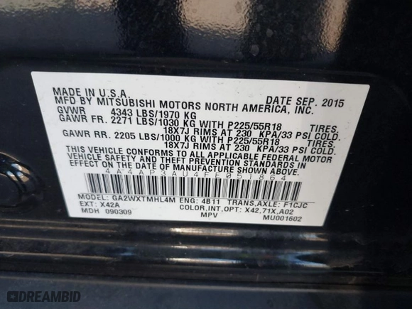 2015 Mitsubishi Outlander Sport ES with VIN 4A4AP3AU4FE051864, listed as a IAAI auction lot 41219408 with 105,553 mi miles. Bid and sale history available at carsss.com. Image 9.