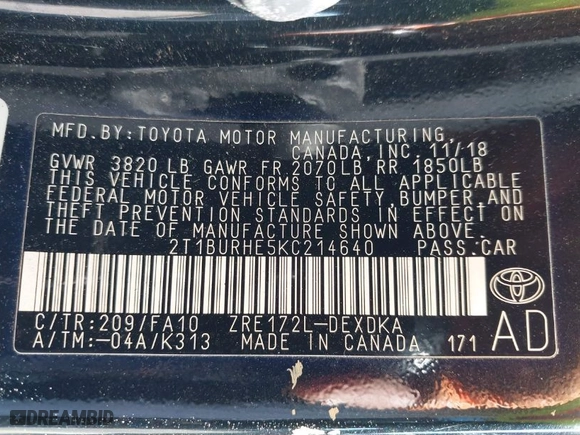 2019 Toyota Corolla L with VIN 2T1BURHE5KC214640, listed as a IAAI auction lot 40939647 with 80,293 mi miles. Bid and sale history available at carsss.com. Image 9.