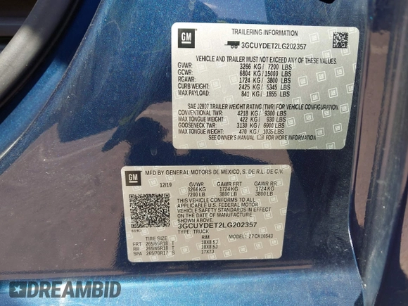 2020 Chevrolet Silverado 1500 LT with VIN 3GCUYDET2LG202357, listed as a IAAI auction lot 41893837 with 104,591 mi miles and . Bid and sale history available at DreamBid. Image 9.