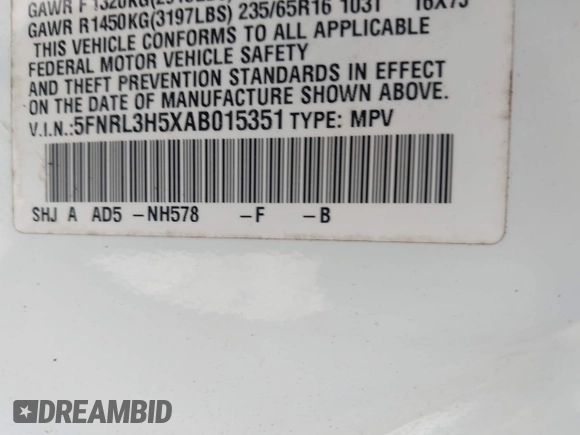 2010 Honda Odyssey EX with VIN 5FNRL3H5XAB015351, listed as a IAAI auction lot 42702296 with 202,919 mi miles and . Bid and sale history available at DreamBid. Image 9.