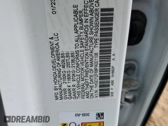 2023 Honda Accord EX-L with VIN 1HGCY2F68PA001108, listed as a Copart auction lot 51222075 with 34,919 mi miles and Salvage title. Bid and sale history available at DreamBid. Image 13.