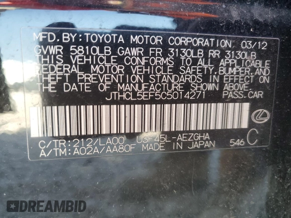 2012 Lexus LS 460 z VIN JTHCL5EF5C5014271, wystawiony jako Copart lot #48964945 z przebiegiem Nie podano mil oraz Czysty tytuł • Clean title. Historia ofert i sprzedaży dostępna na DreamBid. Obrazek 12.