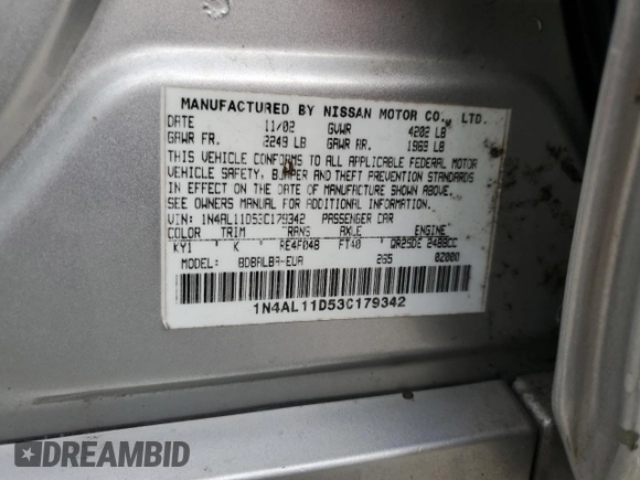 2003 Nissan Altima S z VIN 1N4AL11D53C179342, wystawiony jako Copart lot #59155825 z przebiegiem 231 333 mil mil oraz Szkoda całkowita • Salvage title. Historia ofert i sprzedaży dostępna na DreamBid. Obrazek 12.