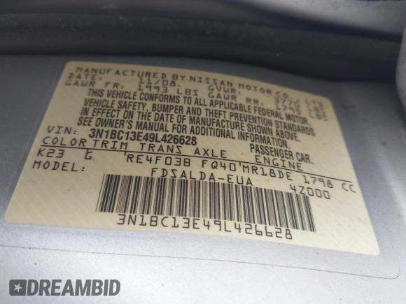 2009 Nissan Versa SL with VIN 3N1BC13E49L426628, listed as a IAAI auction lot 42474387 with Not provided miles and . Bid and sale history available at DreamBid. Image 9.