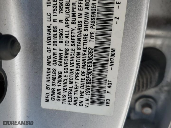 2015 Honda Civic Sedan LX with VIN 19XFB2F50FE006352, listed as a Copart auction lot 51271265 with 180,186 mi miles and Clean Title. Bid and sale history available at carsss.com. Image 12.