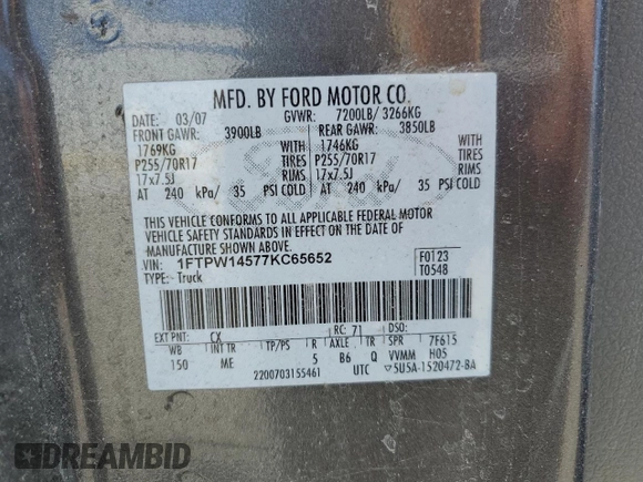 2007 Ford F-150 XLT с VIN 1FTPW14577KC65652, выставлен на аукционе Copart как лот 62427335 с пробегом Не указан миль и Списание • Salvage title. История ставок и продаж доступна на DreamBid. Изображение 12.