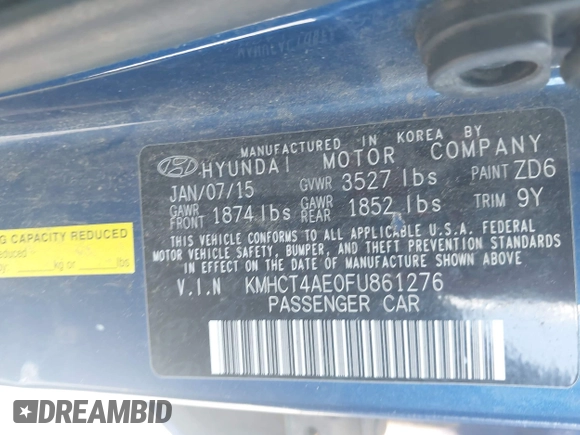 2015 Hyundai Accent GLS with VIN KMHCT4AE0FU861276, listed as a IAAI auction lot 42110900 with 72,031 mi miles and . Bid and sale history available at carsss.com. Image 9.