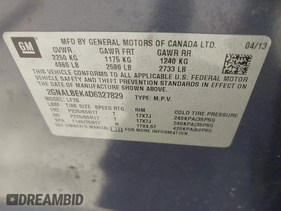 2013 Chevrolet Equinox LS z VIN 2GNALBEK4D6327829, wystawiony jako IAAI lot #41779176 z przebiegiem 217 985 mil mil oraz . Historia ofert i sprzedaży dostępna na DreamBid. Obrazek 9.