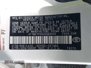 2012 Toyota Camry SE with VIN 4T1BK1FK0CU505465, listed as a IAAI auction lot 41781408 with 130,884 mi miles. Bid and sale history available at carsss.com. Image 9.