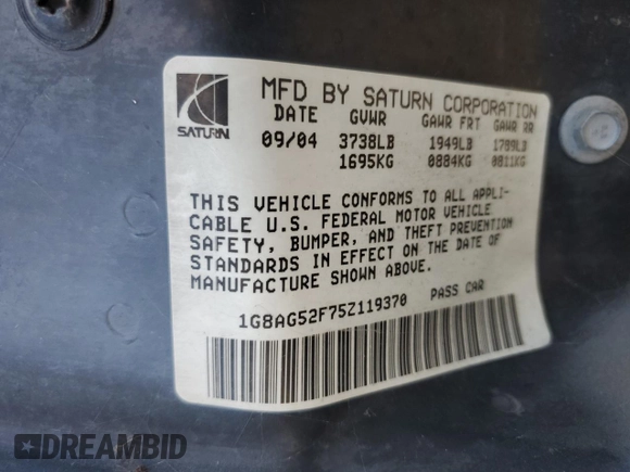 2005 Saturn ION ION 1 with VIN 1G8AG52F75Z119370, listed as a Copart auction lot 42435965 with 129,972 mi miles and Salvage Title. Bid and sale history available at DreamBid. Image 12.