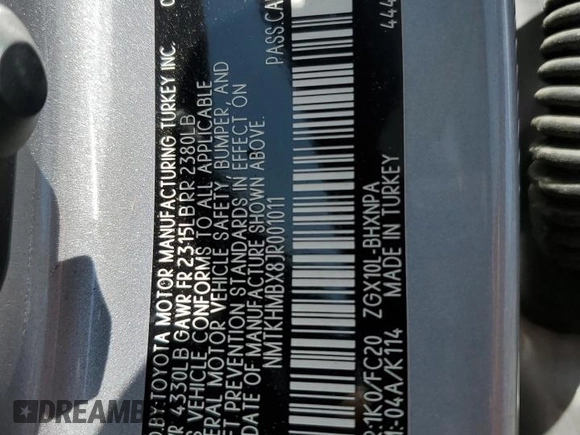 2018 Toyota C-HR XLE z VIN NMTKHMBX8JR001011, wystawiony jako Copart lot #55469265 z przebiegiem 106 938 mil mil oraz Szkoda całkowita • Salvage title. Historia ofert i sprzedaży dostępna na DreamBid. Obrazek 12.
