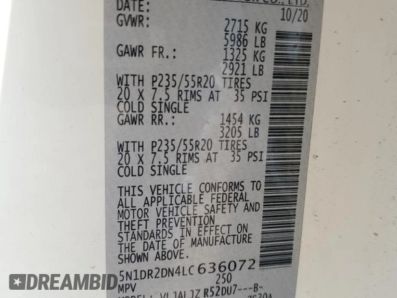 2020 Nissan Pathfinder Platinum with VIN 5N1DR2DN4LC636072, listed as a Copart auction lot 85895634 with 62,497 mi miles and Salvage title. Bid and sale history available at DreamBid. Image 13.