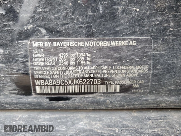 2018 BMW 3 Series 320i with VIN WBA8A9C5XJK622703, listed as a Copart auction lot 47660955 with 131,957 mi miles and Salvage Title. Bid and sale history available at carsss.com. Image 12.