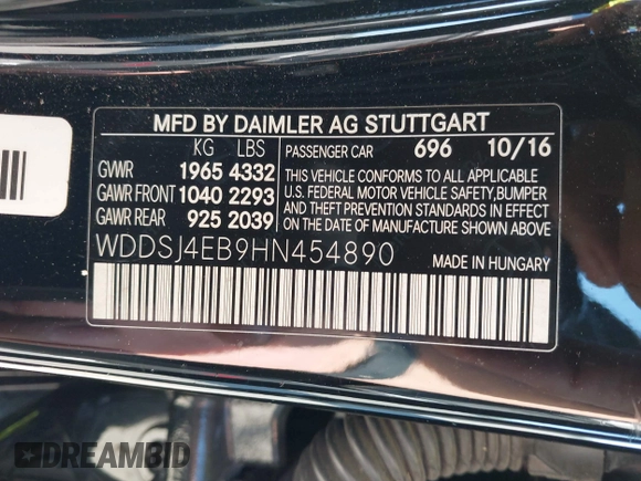 2017 Mercedes-Benz CLA with VIN WDDSJ4EB9HN454890, listed as a IAAI auction lot 41974093 with 114,467 mi miles. Bid and sale history available at carsss.com. Image 9.