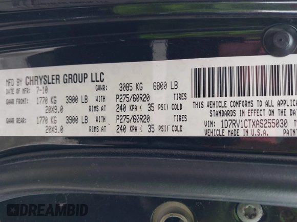 2010 Dodge 1500 SLT with VIN 1D7RV1CTXAS255030, listed as a IAAI auction lot 41412265 with 84,606 mi miles and . Bid and sale history available at DreamBid. Image 9.